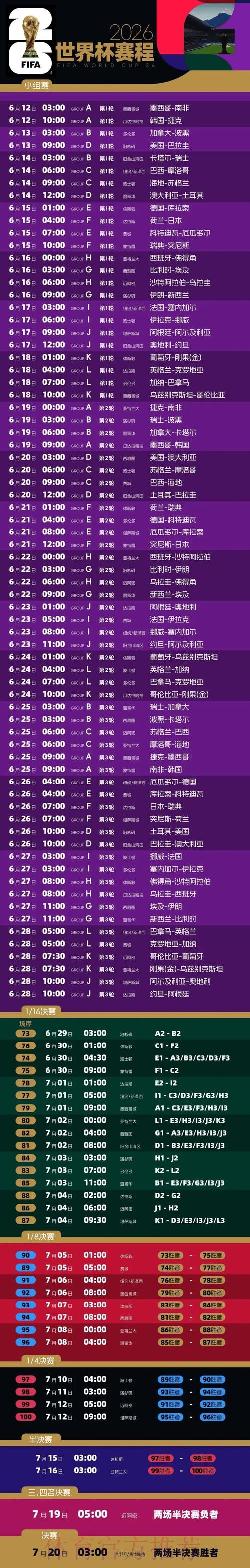 2026世界杯每日赛程一览完整安排实时查看 2026世界杯每日赛程一览完整安排实时查看